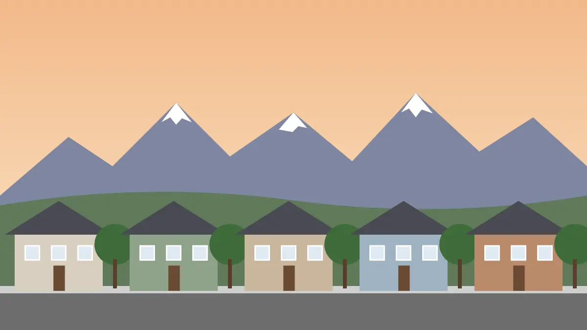 Illustration of an older neighborhood at sunset with the Front Range on the horizon