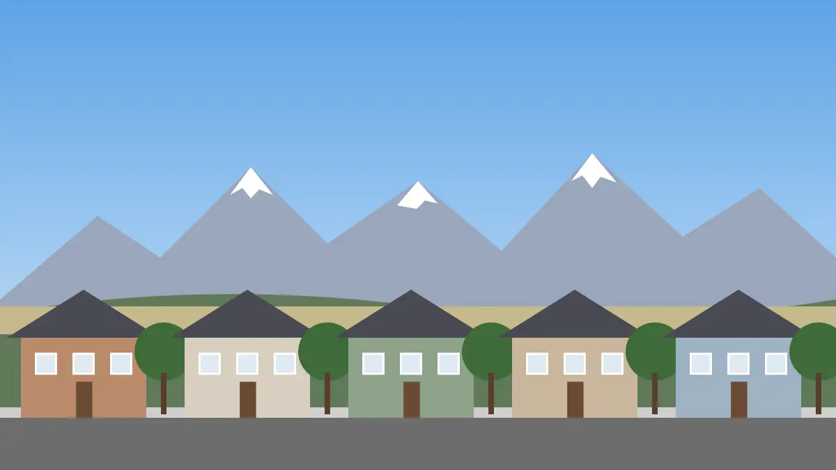 Illustration of a newer suburban street on the plains with distant Rocky Mountains