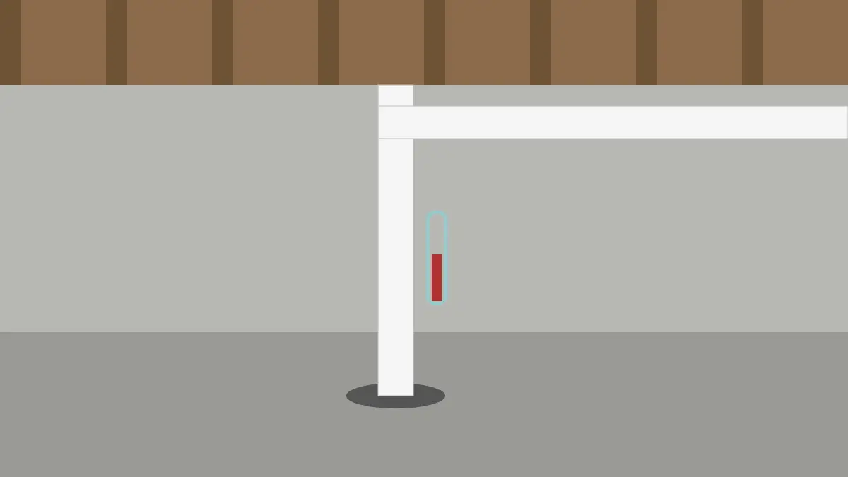 Illustration of a basement sub-slab suction point: PVC pipe sealed into the concrete floor with a U-tube manometer