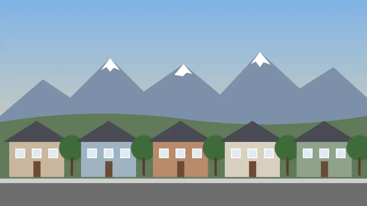 Illustration of Denver-area homes with the snow-capped Front Range mountains behind them
