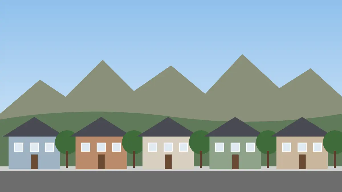 Illustration of a tree-lined street of ranch homes with Colorado foothills in the distance