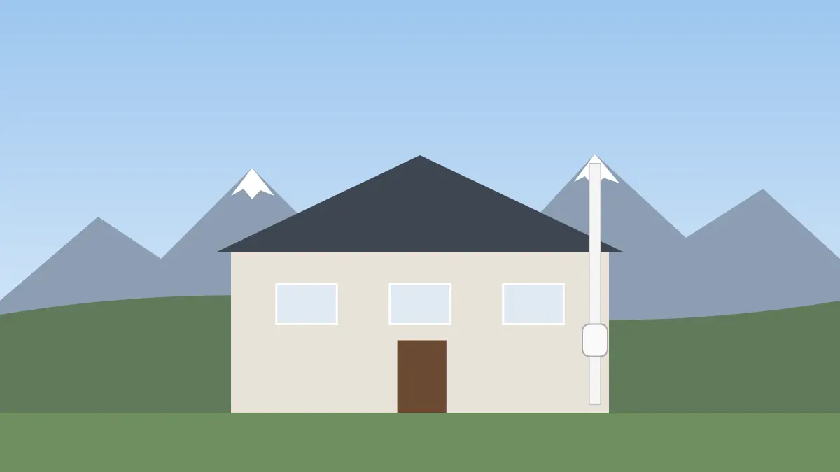 Illustration of a house with a radon vent pipe and exterior fan running up the side wall to above the roofline
