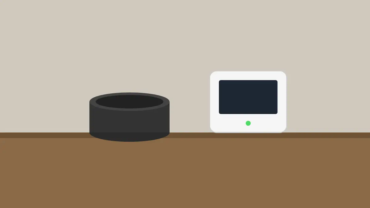 Illustration of a charcoal radon test canister and a digital radon monitor on a basement shelf